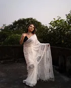 Cotton Linen Printed Saree for Women (White, 6.3 m)