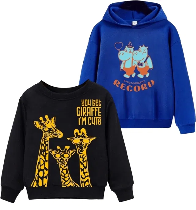 Cotton Printed Sweatshirt for Kids (Black & Blue, 5-6 Years) (Pack of 2)