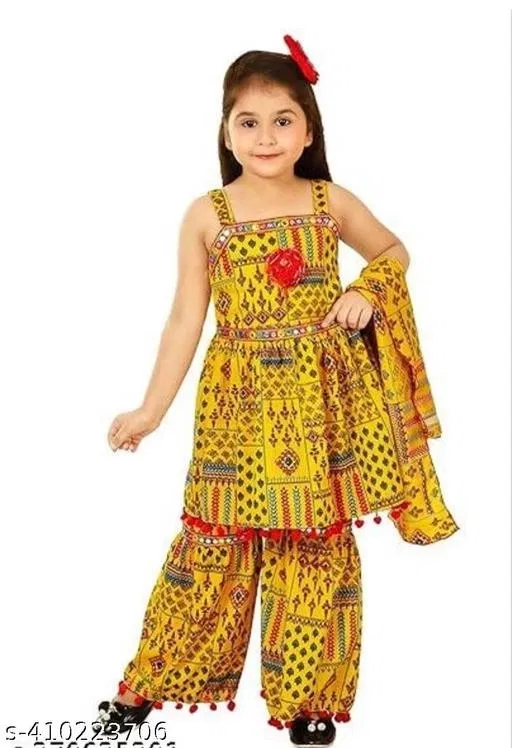 Paisley Applique Sleeveless Top and Pant Set for Girls (Yellow, 1-2 Years)