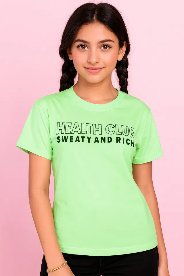 Round Neck Printed T-Shirt for Girls (Green, 36)