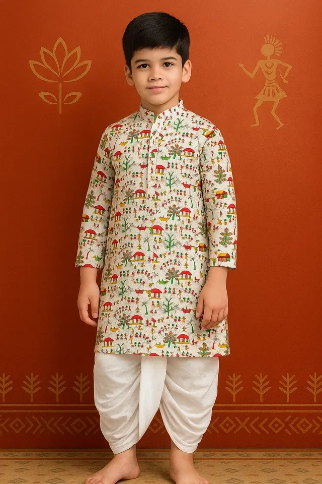 Cotton Printed Kurta with Dhoti for Boys, Red & White (5-6 Years)