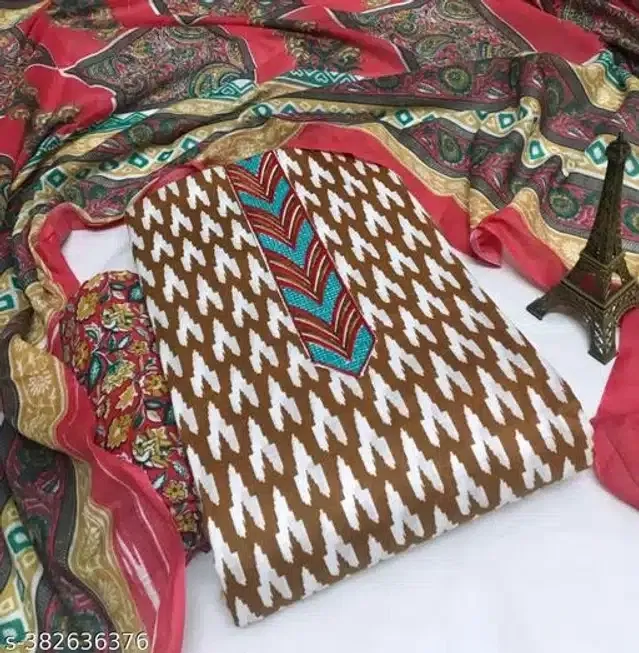 Cotton Printed Unstitched Dress Material for Women (Brown)
