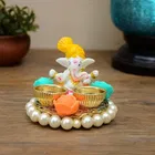 Metal Decorative Ganpati Haldi Kumkum Stand with 2 Roli Chawal Holder, Multicolor