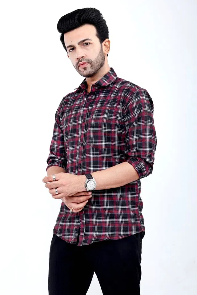 Cotton Blend Checked Shirt for Men, Maroon (L)