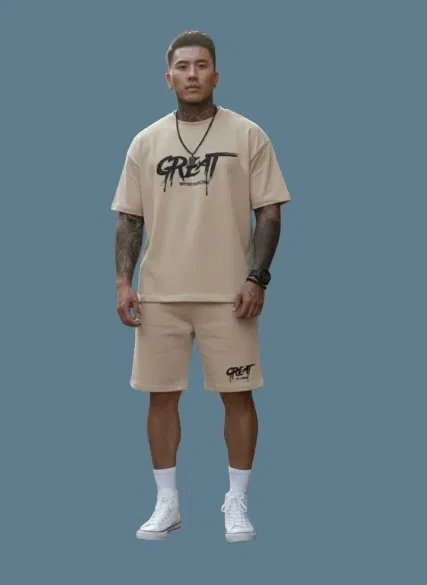 Polyester Printed Co-Ord Set for Men, Beige (L)