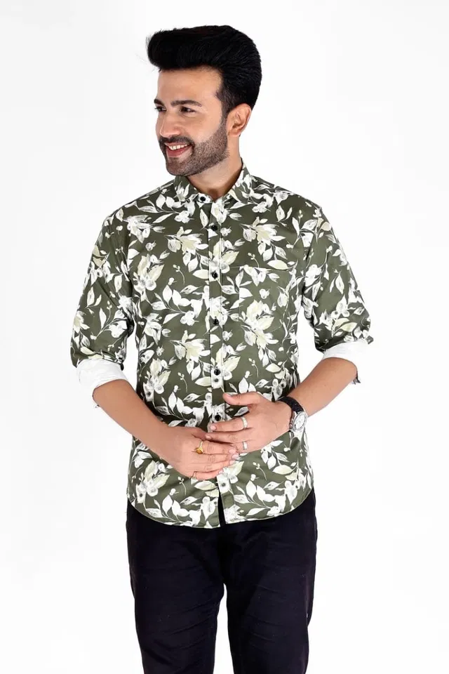 Cotton Blend Printed Shirt for Men, White & Green (XXL)