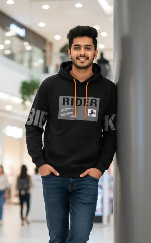 Fleece Printed Hoodie for Men, Black (L)