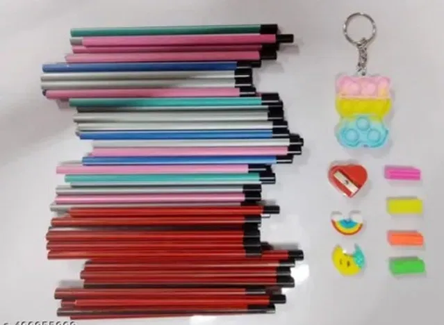 Combo of Posshe Pencils (30 Pcs) with 6 Pcs Erasers, Sharpener & Pop-it Keychain for Kids (Multicolor, Set of 4)
