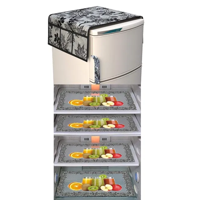 PVC Fridge Top Cover with 4 Pcs Shelf Mat (Multicolor, Set of 5)