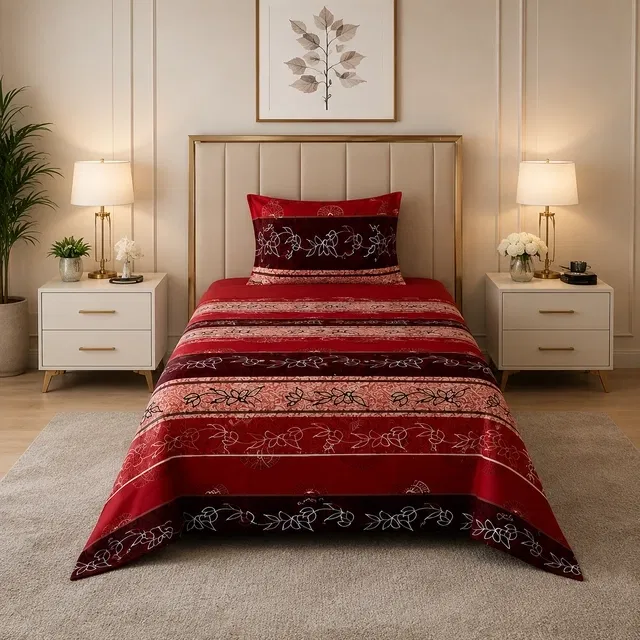 Simple Home 120TC Stripe Floral Single Bedsheet 60x88inch Red