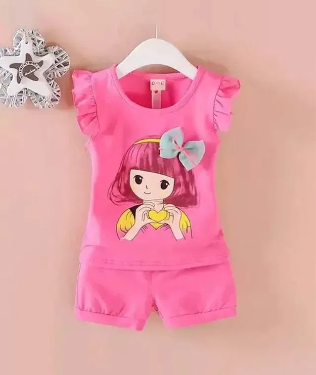 Hosiery Cotton Sleeveless Top & Bottom Clothing Set for Girls (Pink, 12-18 Months)
