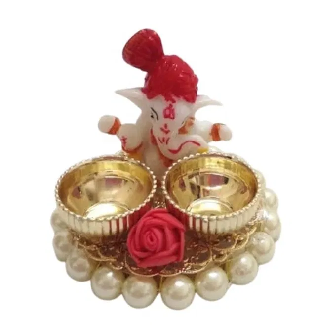 Metal Decorative Ganpati Haldi Kumkum Stand with 2 Roli Chawal Holder, Multicolor