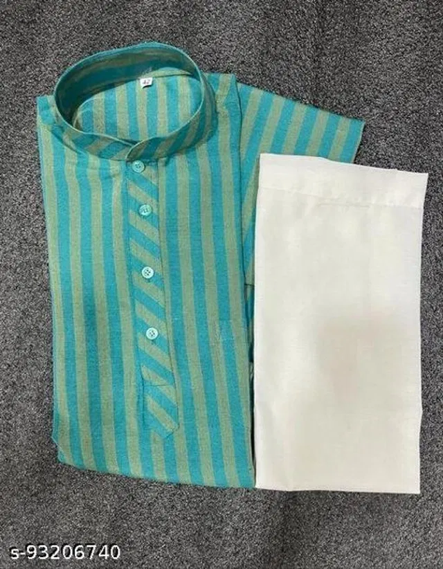 Khadi Cotton Printed Kurta with Pyjama for Men (Sea Green & White, L)