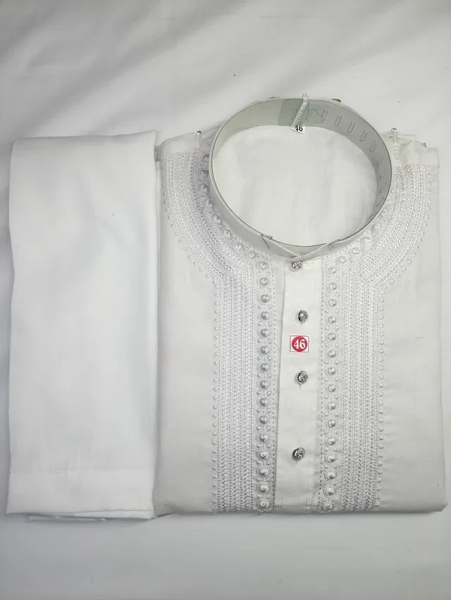 Cotton Embroidered Kurta with Pyjama for Men (White, XL)