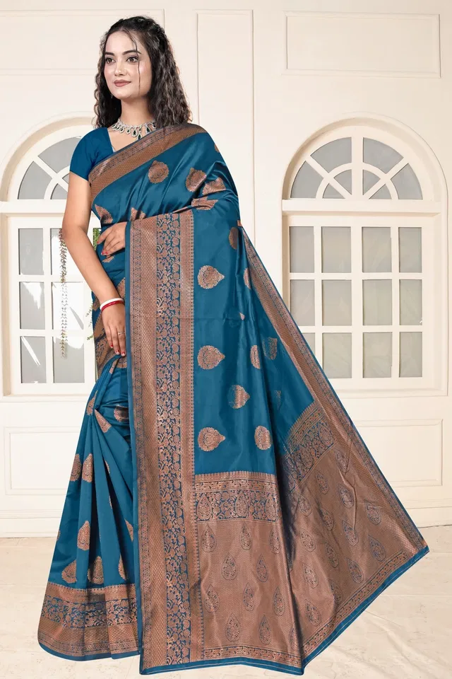 Jacquard Woven Design Saree for Women, Teal (6.3 m)