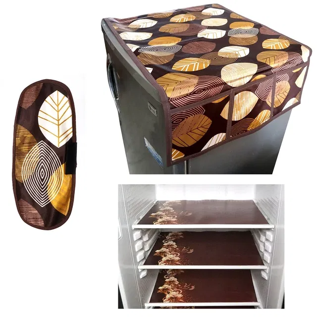PVC Printed Fridge Top Cover with 3 Pcs Shelf Mats & Handle Cover (Multicolor, Set of 1)
