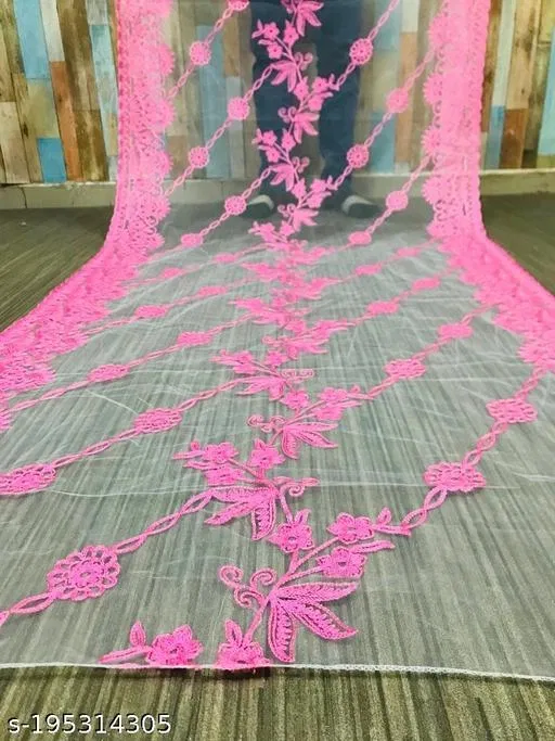 Botanical Aari Work Embroidered Net Dupatta for Women (Pink, Free Size)