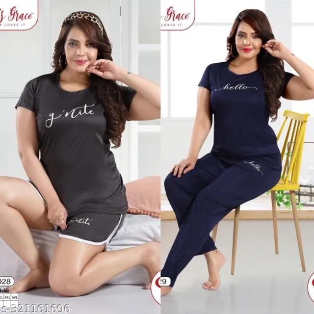 Satin Nightsuit for Women (Grey & Navy Blue, M) (Pack of 2)