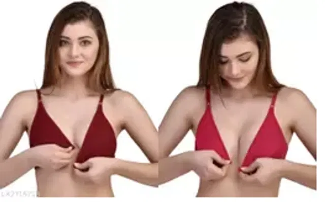 Polycotton Non-Padded Front Open Bra for Women (Maroon & Red, 30) (Pack of 2)