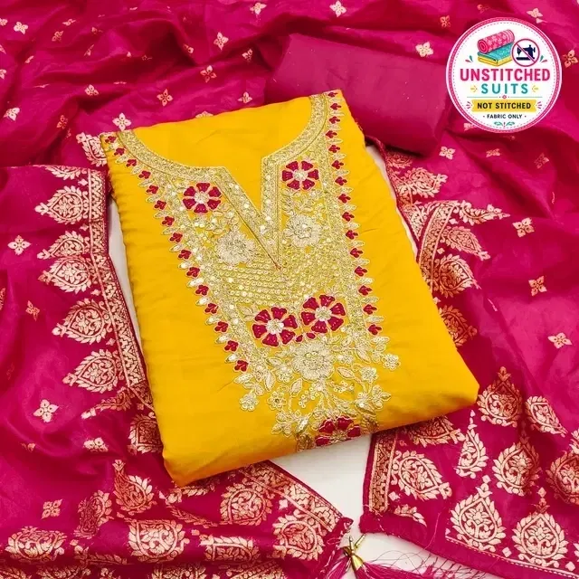 Chanderi Cotton Embroidered Unstitched Suit Fabric, Yellow
