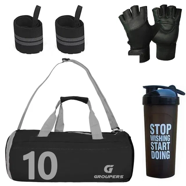 Polyester Printed Gym Bag with 2 Pcs Wristband, Gloves & Shaker Bottle (700 ml) for Men & Women (Black, Set of 1)