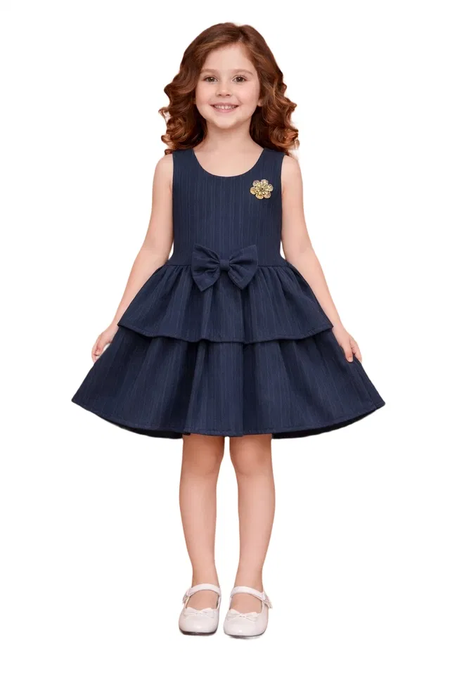 Printed Party Wear Dress for Girls (Navy Blue, 5-6 Years)