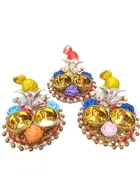 Metal Decorative Ganpati Haldi Kumkum Stand with 2 Roli Chawal Holder, Multicolor