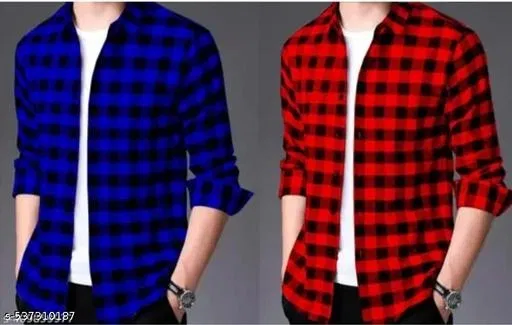 Cotton Blend Checked Shirts for Men, Blue & Red, Pack of 2 (XL)