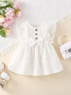 Cotton Blend Solid Dress for Girls (White, 0-2 Months)