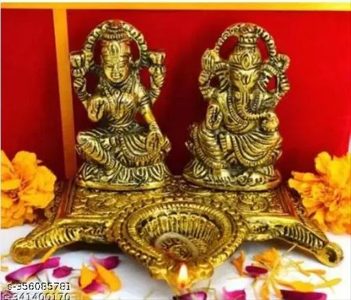 Laxmi Ganesh Idol with Diya (Brass, Yellow)