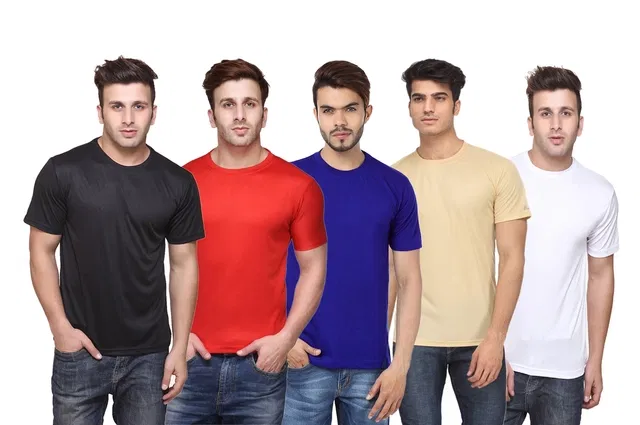 Round Neck Solid T-shirts for Men, Pack of 5 (Multi, M)