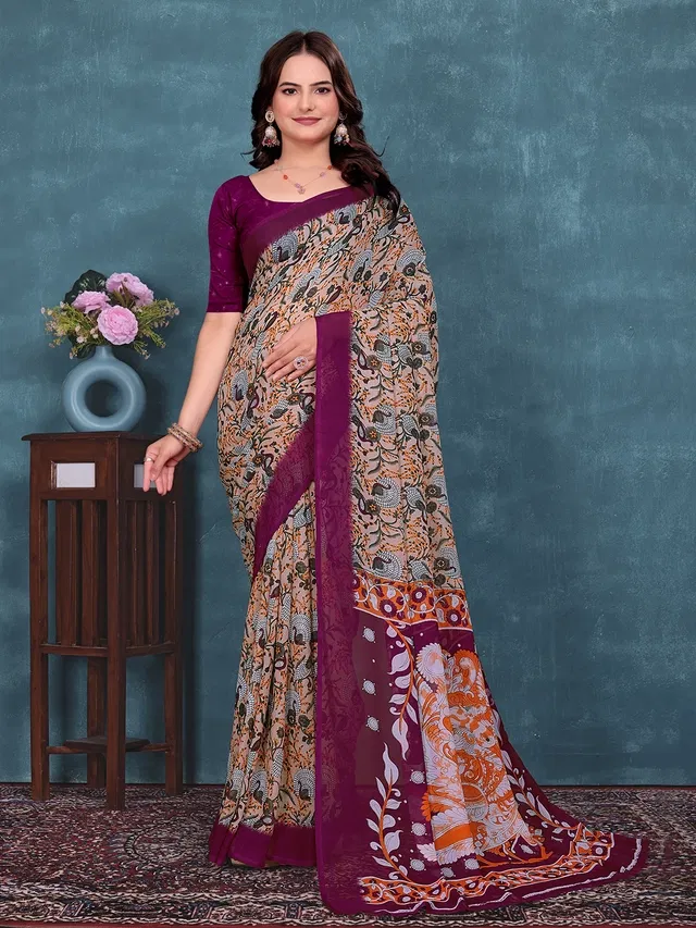 Georgette Printed Saree for Women (Wine, 6.3 m)