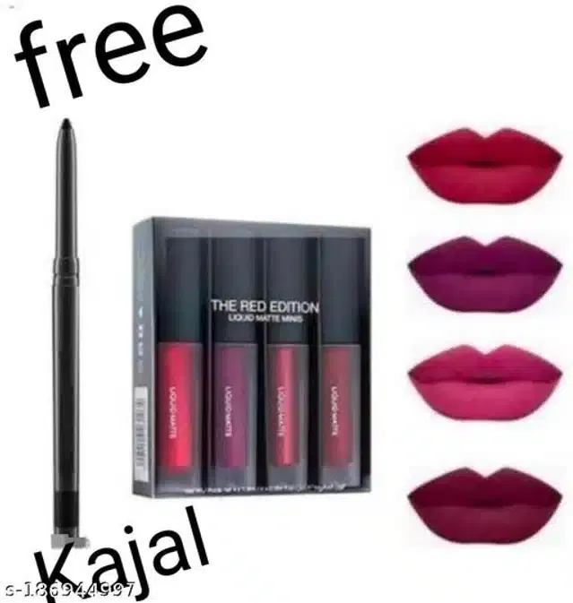 Combo of ADS Kajal with 4 Pcs Waterproof Liquid Lipsticks (Multicolor, Set of 2)