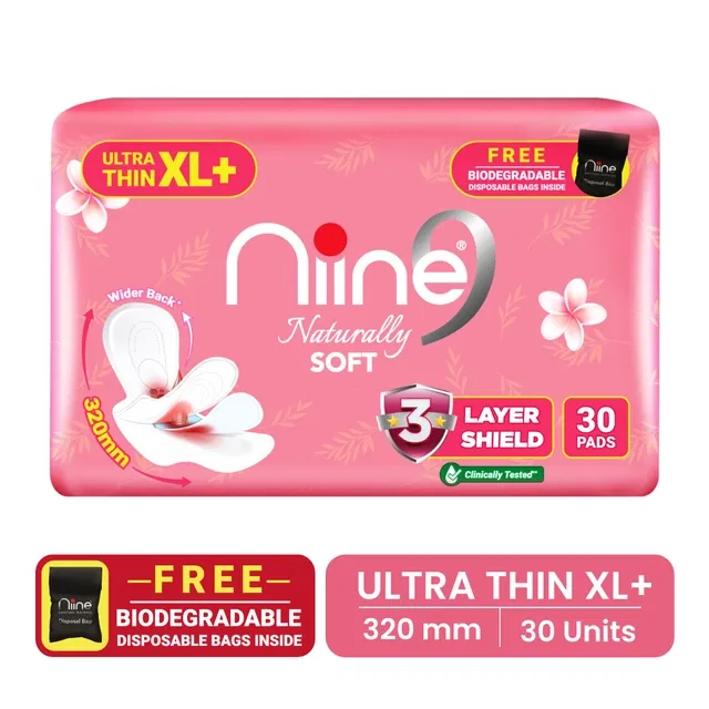 Niine Naturally Soft Ultra Thin  XL+ 30 Pads with Free Biodegradable bags