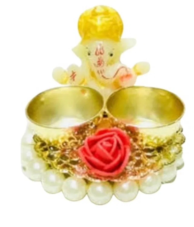 Metal Decorative Ganpati Haldi Kumkum Stand with 2 Roli Chawal Holder, Multicolor