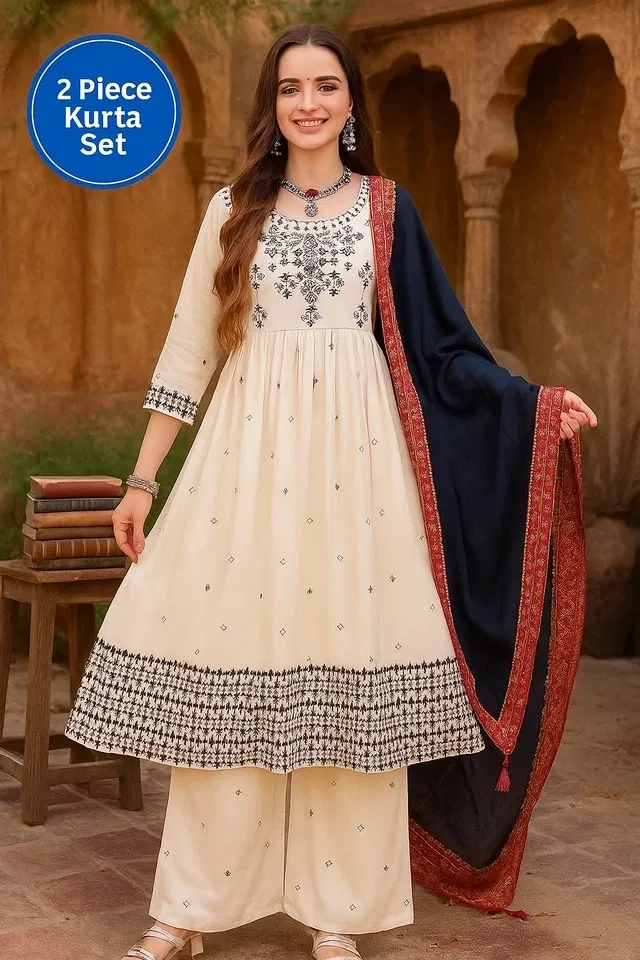 Viscose Rayon Embroidered Anarkali Women's Kurta with Pant & Dupatta Set (Cream, S)