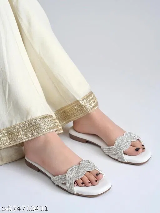 Embellished Flat Sandals for Women (White, IND-7)