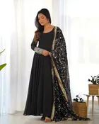 Georgette Solid Gown with Dupatta for Women (Black, S)