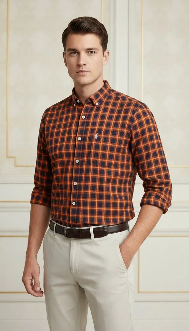 Cotton Checkered Shirt for Men, Orange (M)