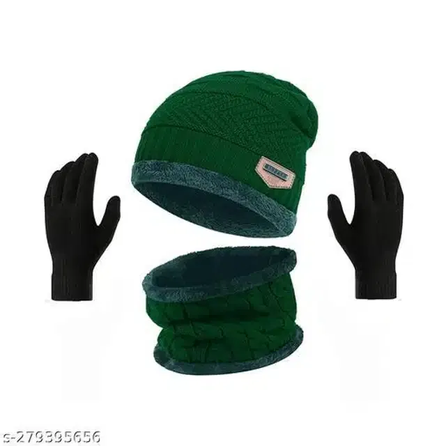 Woolen Beanie Cap with Neck Scarf & Hand Gloves for Men & Women (Multicolor, Set of 2)