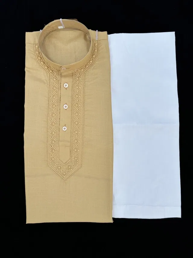Cotton Full Sleeves Embroidered Kurta Set for Men (Beige & White, XL)