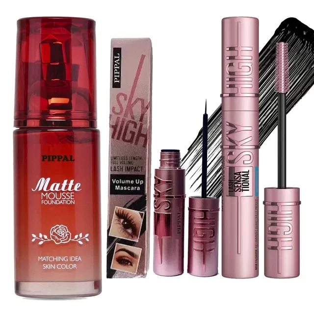 Pippal Matte Mouse Foundation (60 ml) with Sky High Mascara (12 ml) & Eyeliner (6 ml) (Set of 3)