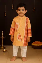 Cotton Printed Kurta with Payjama for Boys, Yellow & White 