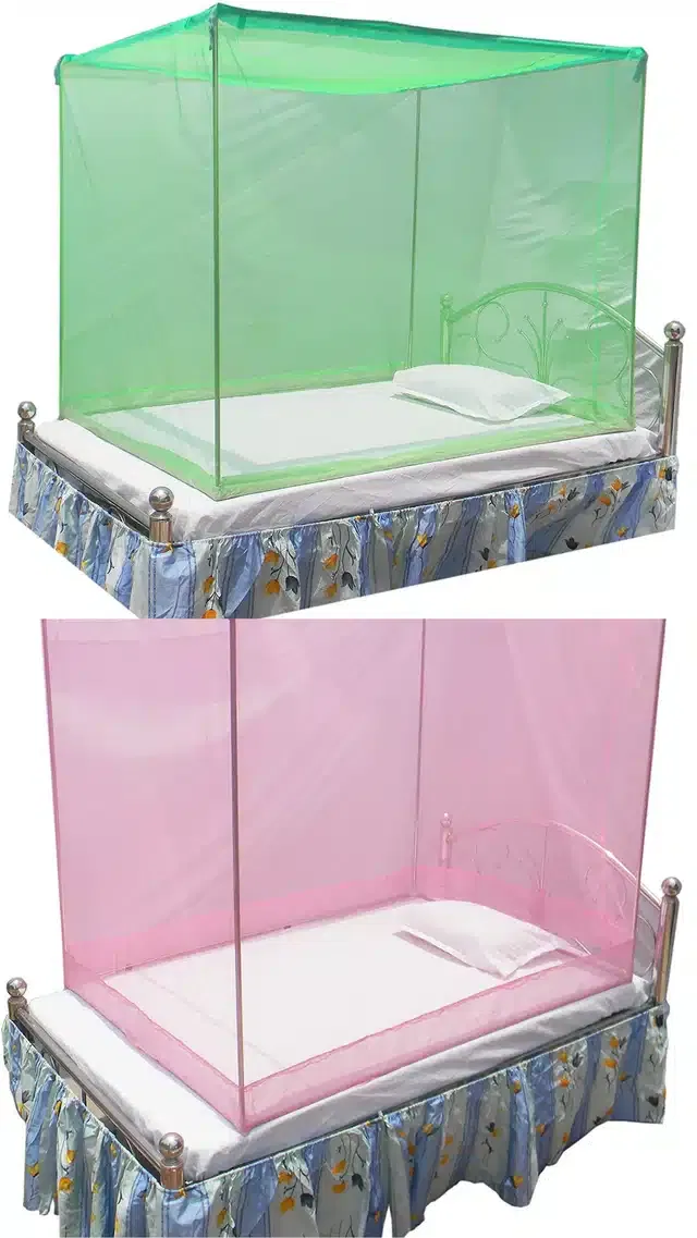 Polyester Single Bed Mosquito Net (Pack of 2) (Green & Pink, 6x3 feet)