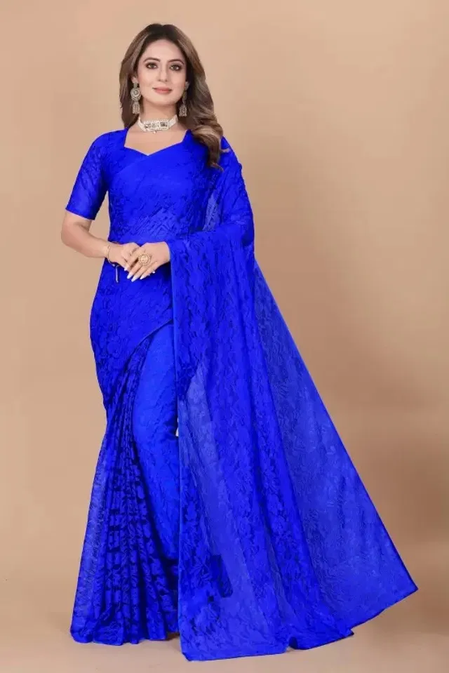 Net Floral Saree for Women (Blue, 6.3 m)