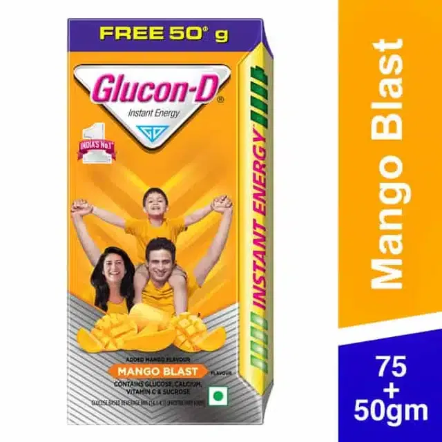 Glucon-D Instant Energy Health Drink Mango Blast 75 g + 50 g Extra Free