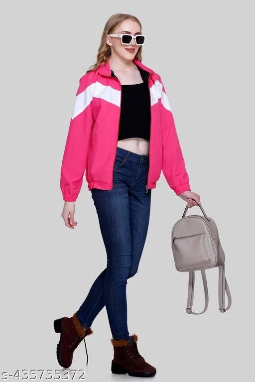 Nylon Solid Jackets for Women (Pink & White, XL)
