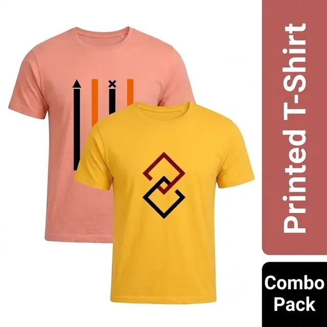 Men's Round Neck Printed T-Shirts - Pack of 2, Peach & Yellow, XL