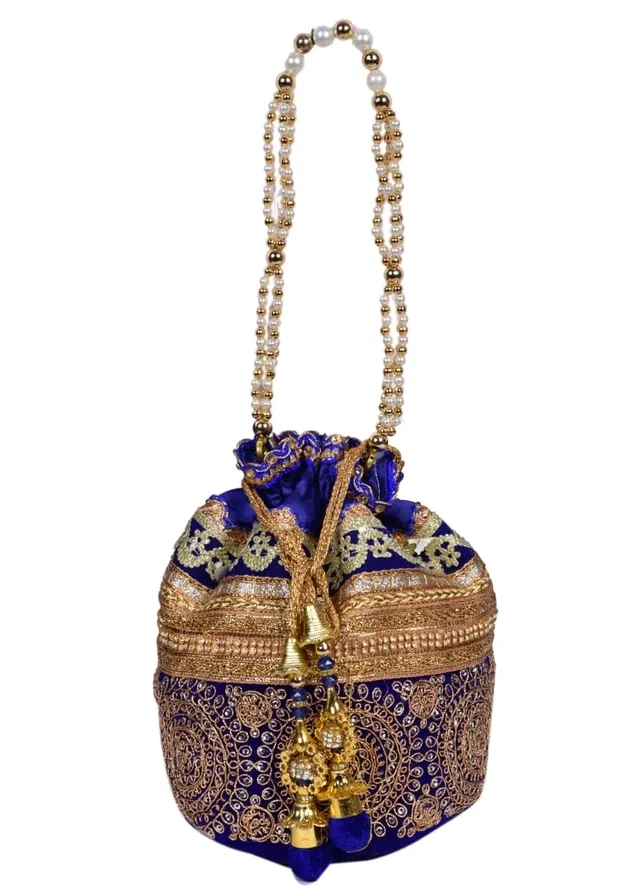 Silk Floral Ethnic Rajasthani Traditional Work Potli with Handle for Return Gifts (Royal Blue & Gold)