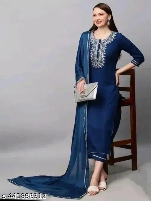Rayon Embroidered A-line Kurta Set for Women ( Navy Blue,L )
